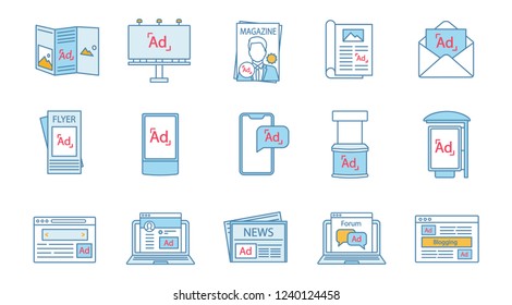 Advertising channels color icons set. Printing media. Outdoor advertising. Flyers, brochures, billboards. Social media marketing. Display, target, contextual, ads. Isolated vector illustrations