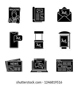 Advertising channels glyph icons set. Magazine, article, mail marketing, mobile ads, promo stand, bus stop advertising, newspaper, forum, blogging. Silhouette symbols. Vector isolated illustration