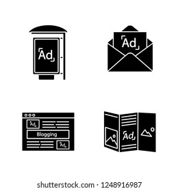 Advertising channels glyph icons set. Bus stop advertisement, email marketing, blogging, flyer. Silhouette symbols. Vector isolated illustration