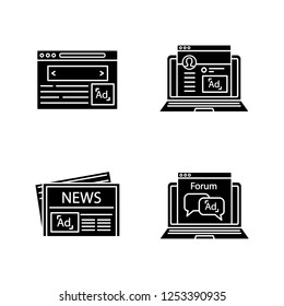 Advertising channels glyph icons set. Internet marketing, social media ads, newspaper, forum. Silhouette symbols. Vector isolated illustration
