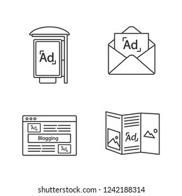 Advertising channels linear icons set. Bus stop advertisement, email marketing, blogging, flyer. Thin line contour symbols. Isolated vector outline illustrations. Editable stroke