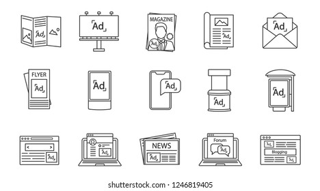 Advertising channels linear icons set. Printing media. Outdoor advertising. Flyers, brochures, billboards. Social media marketing and promotion. Isolated vector outline illustrations. Editable stroke