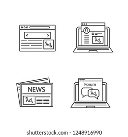 Advertising channels linear icons set. Internet marketing, social media ads, newspaper, forum. Thin line contour symbols. Isolated vector outline illustrations. Editable stroke