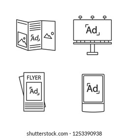 Advertising channels linear icons set. Brochure, billboard, street advertising lightbox. Thin line contour symbols. Isolated vector outline illustrations. Editable stroke