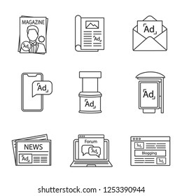 Advertising Channels Linear Icons Set. Magazine, Article, Mail Marketing, Mobile Ads, Promo Stand, Bus Stop Advertising, Newspaper, Forum, Blogging. Isolated Vector Illustrations. Editable Stroke