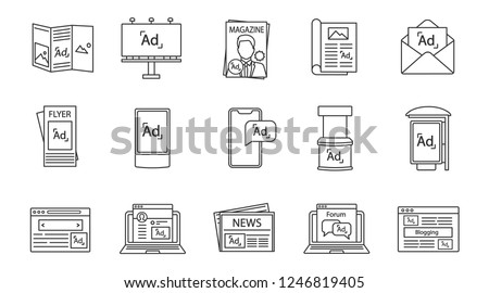 Advertising channels linear icons set. Printing media. Outdoor advertising. Flyers, brochures, billboards. Social media marketing and promotion. Isolated vector outline illustrations. Editable stroke