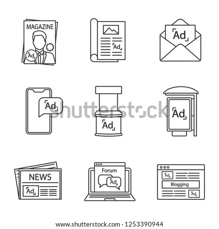 Advertising channels linear icons set. Magazine, article, mail marketing, mobile ads, promo stand, bus stop advertising, newspaper, forum, blogging. Isolated vector illustrations. Editable stroke