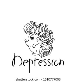 Advertising children's black line coloring banner with word depression. Cute funny sad shaggy hedgehog. Depressed emotional state. Hand-drawn quick sketch. Animal needs help. Vector cartoon style.