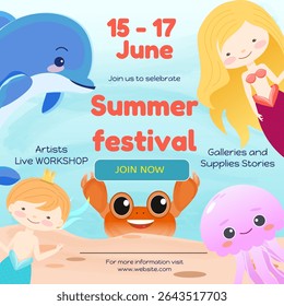 cartaz publicitário infantil com personagens marinhos e sereias: golfinho, caranguejo, sereias e uma água-viva com as palavras "festival de verão" e "master classes"