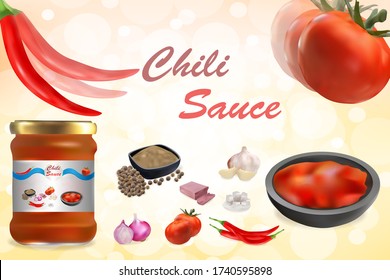 advertising chili sauce with complete composition. vector realistic bottle of chili sauce.