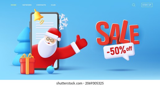 Advertising Christmas blue poster banner with 3d illustration of big smartphone with Santa Claus coming out of it with gift box, sale discounts message