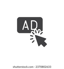 Advertising click cursor vector icon. filled flat sign for mobile concept and web design. Ad click glyph icon. Symbol, logo illustration. Vector graphics