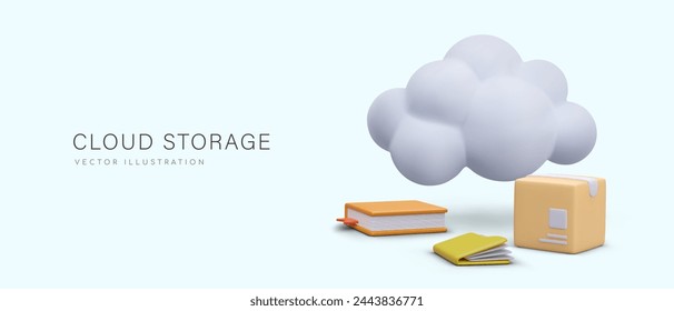 Advertising of cloud storage services. Backup. Banner with 3D illustration in cartoon style