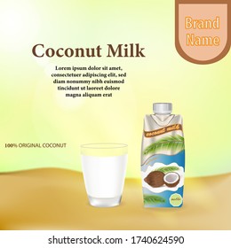advertising coconut milk with an interesting background. coconut milk bottle packaging. realistic vector cup of coconut milk glass. 