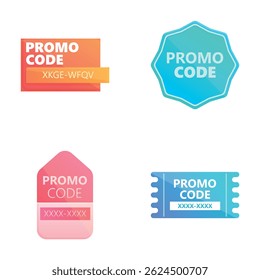 Os ícones de código de publicidade definem o vetor de desenhos animados. Modelo de cupom colorido para grande venda. Oferta especial