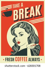 advertising coffee retro poster with pop art woman, vector format