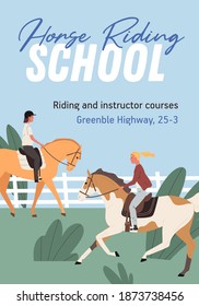 Advertising colorful poster for horse riding school. Promotional template for jockey courses. Vertical advertisement for equestrian club. Vector illustration in flat cartoon style