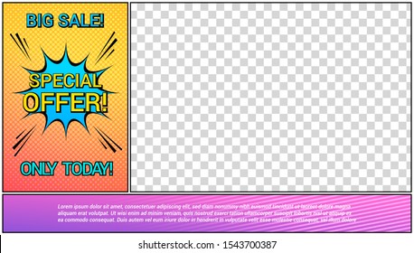 Advertising comic concept with bright speech bubble sound halftone effects sale and promotional inscriptions and frame with transparent background. Vector illustration