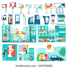 Advertising commercial business, set elements. Collection billboard advertising, vector illustration. Promotion information on city.