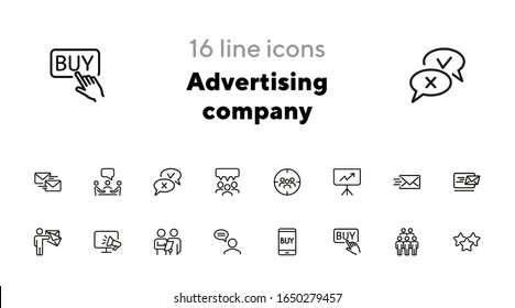 Advertising company line icon set. Target audience, buy button, customer survey. Commerce concept. Can be used for topics like ecommerce, marketing, internet store