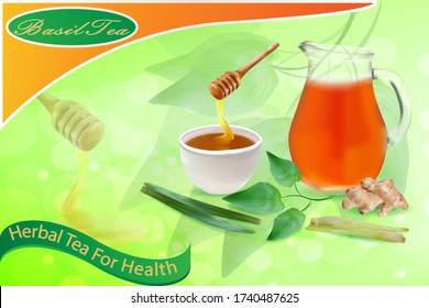 advertising the composition of the basil leaf tea. vector of ginger and honey droplets in a cup. vector realistic of tea and basil leaves.