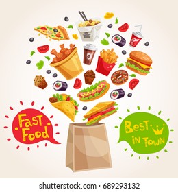 Advertising composition with fast food dishes paper bag and decorated speech bubbles on light background vector illustration