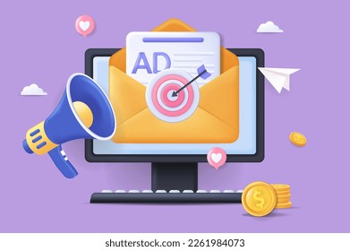 Advertising concept 3D illustration. Icon composition with open envelope with newsletter, megaphone and computer. Promotional mailing and emails for clients. Vector illustration for modern web design