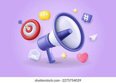 Advertising concept 3D illustration. Icon composition with megaphone announcement, target and other. Business communication with clients and online promo. Vector illustration for modern web design