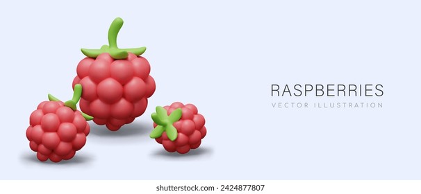 Advertising concept with 3D raspberries. Appetizing berries in cartoon style