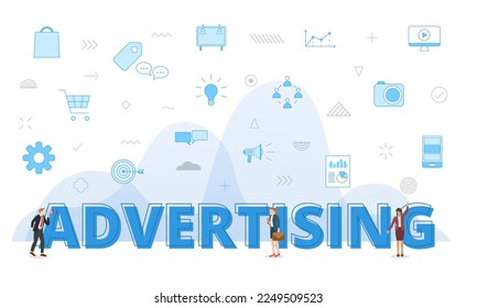 advertising concept with big words and people surrounded by related icon with blue color style