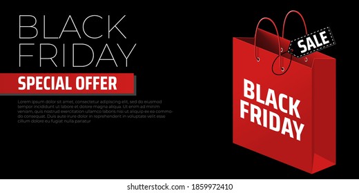 Advertising concept with black friday shopping bag on black background. Black friday vector banner. Store label. Shopping promotion. Special offer sale template. Concept poster, card, banner