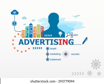 Advertising concept and business man. Flat design illustration for business, consulting, finance, management, career.