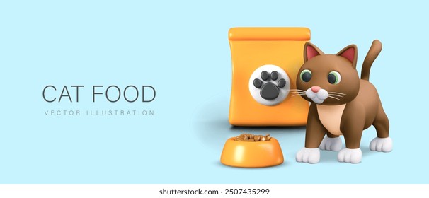 Advertising concept of cat food. Cute cat near huge bag of food