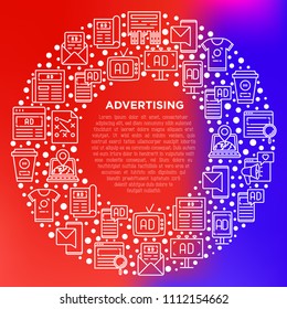 Advertising concept in circle with thin line icons: billboard, street ads, newspaper, magazine, product promotion, email, GEO targeting, social media. Vector illustration, web page template.