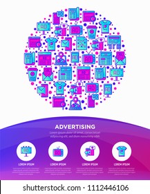 Advertising concept in circle with thin line icons: billboard, street ads, newspaper, magazine, product promotion, email, GEO targeting, social media. Vector illustration, web page template.