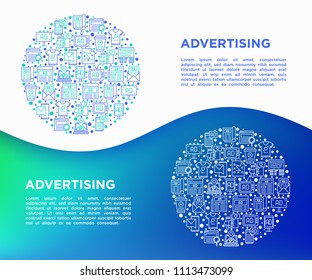 Concepto publicitario en círculo con iconos de línea delgada: carteles, anuncios callejeros, periódicos, revistas, promoción de productos, correo electrónico, orientación GEO, medios sociales. Ilustración vectorial, plantilla de página web.