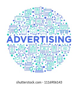 Advertising concept in circle with thin line icons: billboard, street ads, newspaper, magazine, product promotion, email, GEO targeting, social media. Vector illustration, web page template.