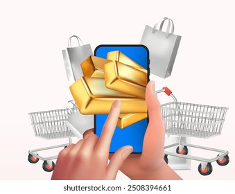 Advertising concept: Gold sweepstakes via smartphone, shopping, online shopping, sale day Concept. 3D vector Mesh gradient wes
