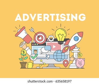 Advertising concept illustration. Signs and icons on orange background.