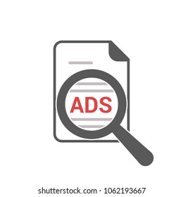 Advertising Concept: Magnifying Optical Glass With Words Ads. Vector illustration