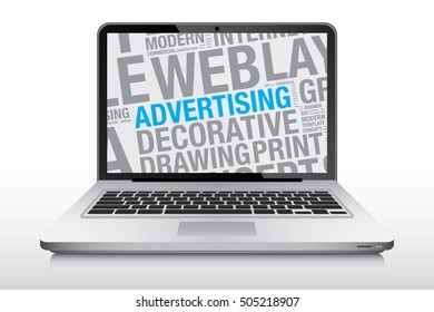 Advertising concept on laptop screen, vector illustration