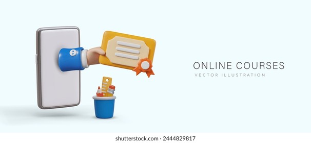 Advertising concept of online courses. Hand with certificate sticks out from phone