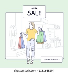 An advertising concept poster with a girl holding a bunch of shopping bags in her hand and enjoying it. hand drawn style vector design illustrations.