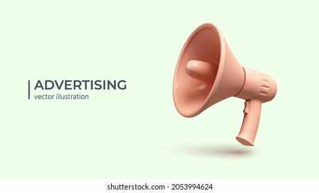 Advertising concept, realistic 3d megaphone. Loudspeaker or Bullhorn on light background. Vector illustration - Shutterstock ID 2053994624