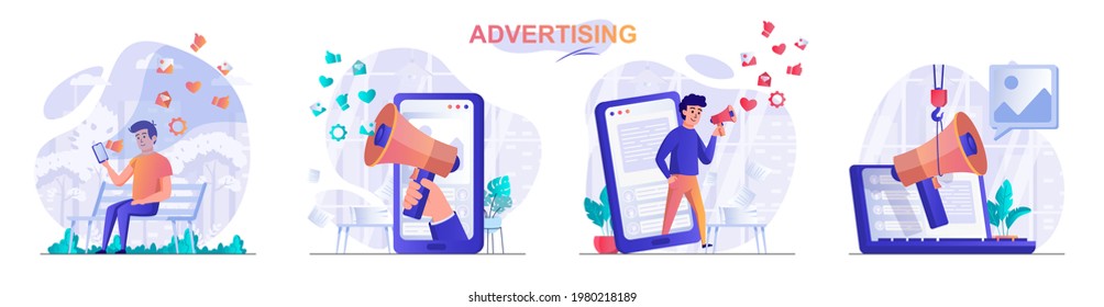 Advertising concept scenes set. Advertisement campaign in social networks, attracting clients, business promotion. Collection of people activities. Vector illustration of characters in flat design