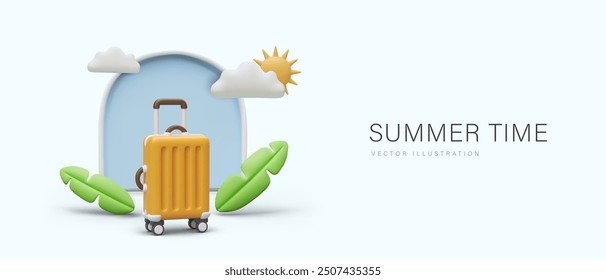 Advertising concept of summer vacation. Round scene with suitcase, sun, clouds, decorative arch