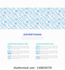 Advertising concept with thin line icons: billboard, street ads, newspaper, magazine, product promotion, email, GEO targeting, social media, strategy, banner. Vector illustration, web page template.