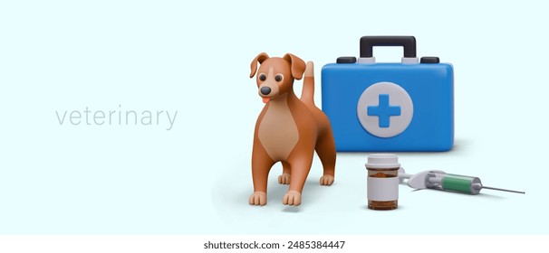 Advertising concept of veterinary services. 3D dog is standing near first aid kit
