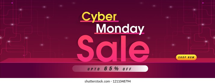 Advertising concept website header or banner design with 65% discount offer on neural background for Cyber Monday Sale.