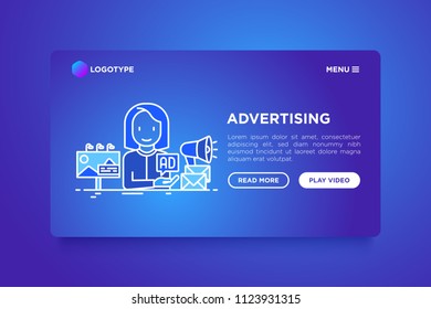 Advertising concept: woman gives ad on billboard, email and social media. Thin line icons: street ads, newspaper, magazine, product promotion, GEO targeting. Vector illustration, web page template.